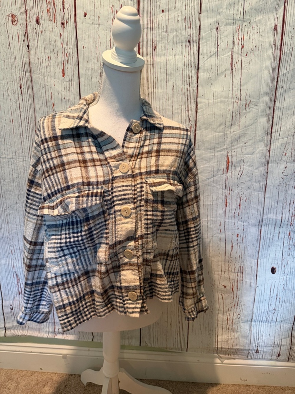 Zara Cream and Brown Plaid Button-Front Shirt